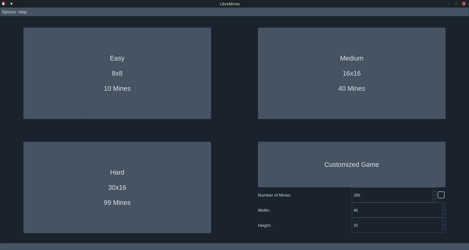 LibreMines start screen with easy, medium, hard, and custom field choices.