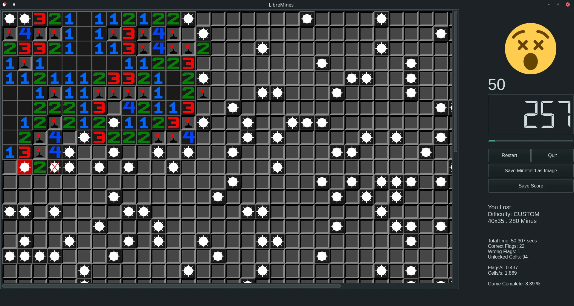 LibreMines minesweeper board mid-game with numbered cells and a dark theme window.