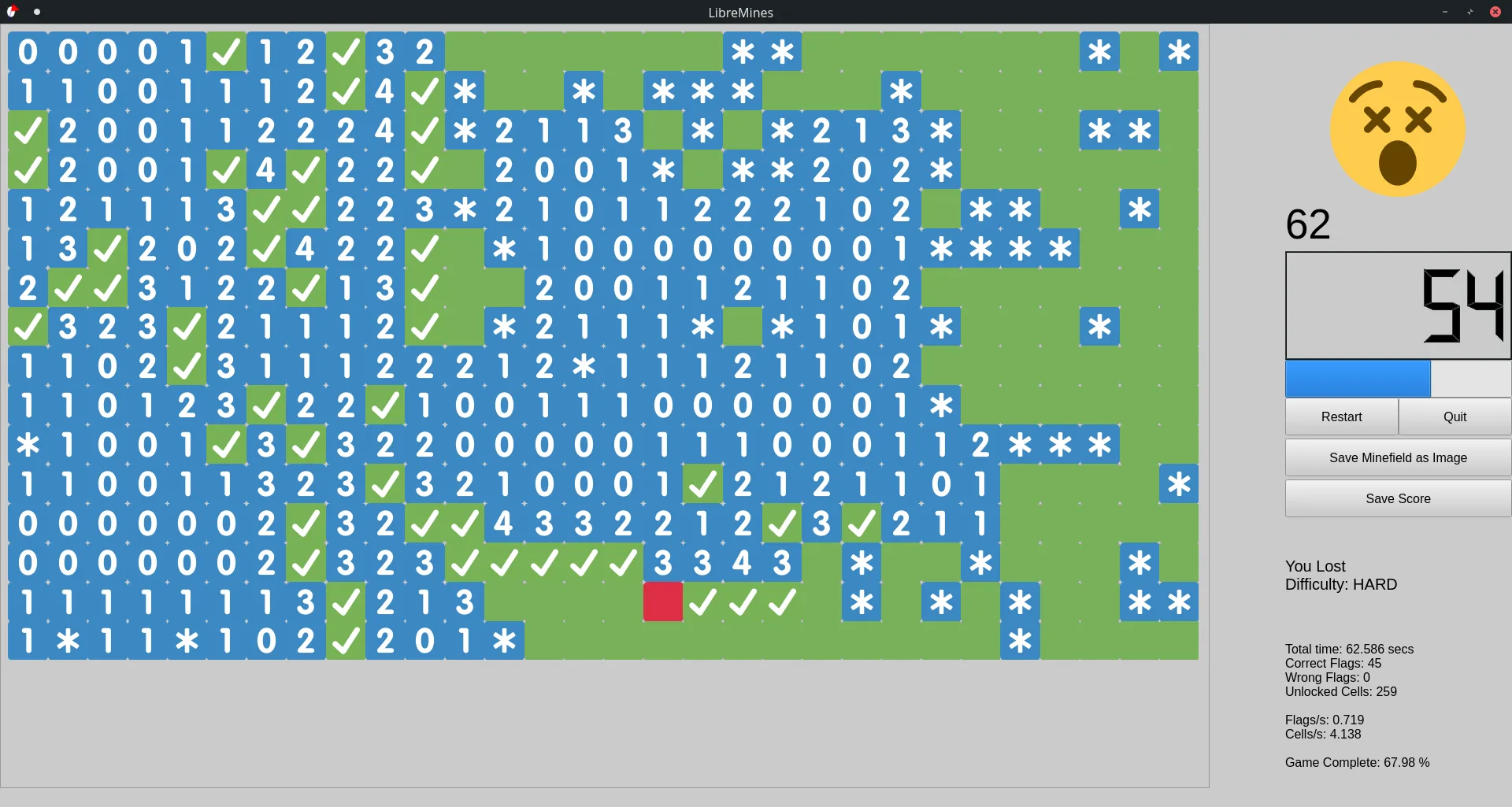 LibreMines window showing a minesweeper field ready for mouse or keyboard play.
